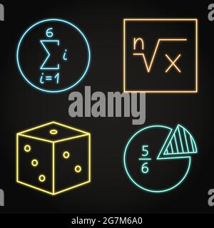 Icone matematiche al neon impostate nello stile della linea. Poteri e radici, sequenze, probabilità e frazione. Illustrazione vettoriale. Illustrazione Vettoriale