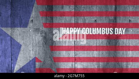 Happy columbus giorno testo contro la bandiera americana disegno su sfondo di legno Foto Stock