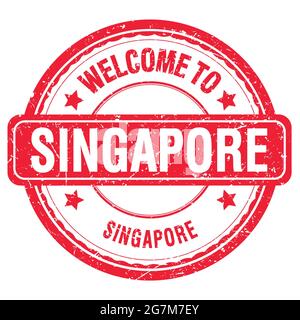 BENVENUTI A SINGAPORE - SINGAPORE, parole scritte sul francobollo rosso Foto Stock