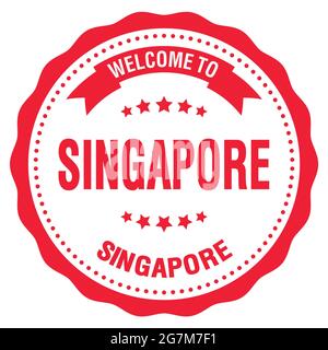 BENVENUTI A SINGAPORE - SINGAPORE, parole scritte sul francobollo rotondo rosso Foto Stock