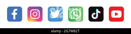 Set di icone dei social media, contenente facebook, instagram, twitter, whatsapp, tiktok e simbolo di youtube. Illustrazione Vettoriale