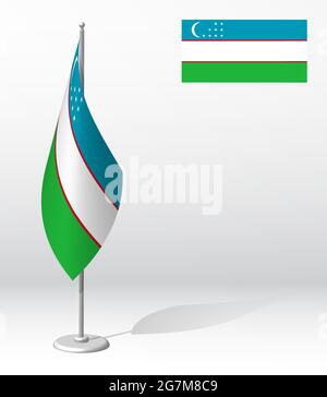 bandiera uzbeka sul flagpole per la registrazione di eventi solenni, incontro con ospiti stranieri. Giornata nazionale dell'indipendenza dell'uzbekistan. Vettore 3D realistico attivo Illustrazione Vettoriale