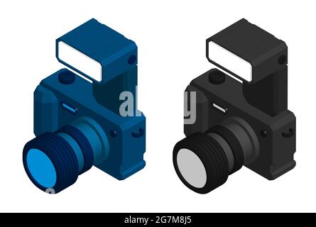 Macchina fotografica isometrica, attrezzatura per fotografia e selfie. Giornata mondiale della fotografia 19 agosto. Vettore 3D realistico Illustrazione Vettoriale