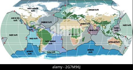 Mappa del mondo che mostra l'illustrazione dei contorni delle piastre Tectonic Illustrazione Vettoriale