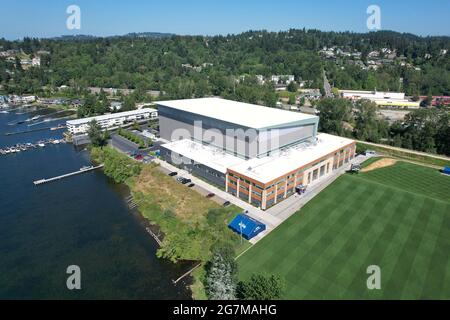 Una vista aerea del Virginia Mason Athletic Center, mercoledì 14 luglio 2021, a Renton, Washington. La struttura è la sede centrale di Seattle Seahawks e. Foto Stock