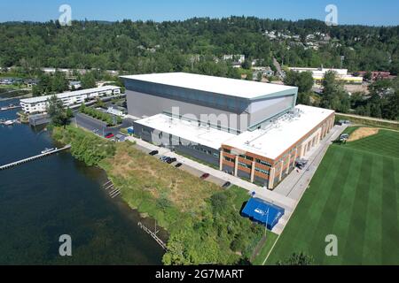 Una vista aerea del Virginia Mason Athletic Center, mercoledì 14 luglio 2021, a Renton, Washington. La struttura è la sede centrale di Seattle Seahawks e. Foto Stock
