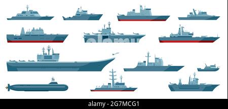 Barche militari. Portaerei, navi da guerra, fregata marina, corazzata, sottomarino, nave da guerra. Navi da combattimento navali o fregate insieme vettoriale. Trasporto con armi per la difesa isolato Illustrazione Vettoriale