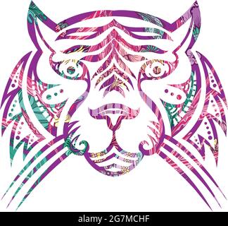 Gatto selvatico con decorazione di foglie tropicali Illustrazione Vettoriale