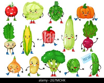 Caratteri vegetali. Broccoli carino, pomodoro, zucca, cetriolo, mais, cavolo con volti sorridenti. Divertente set vettoriale mascotte verdure. Verdure di fattoria con vitamine per vegans Illustrazione Vettoriale