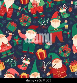 Gnomi di Natale senza cuciture modello. Carino nana elfo con regali, calze, corona porta. Sfondo vettoriale invernale festivo per l'imballaggio di carta o tessuto. Caratteri xmas con caselle presenti, coppe Illustrazione Vettoriale