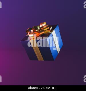 confezione regalo scura con illuminazione al neon e nastro dorato. concetto minimal e futuristico. rendering 3d Foto Stock