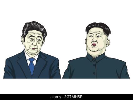 Kim Jong-un con Shinzo Abe. Illustrazione vettoriale cartoon Caricature. Illustrazione Vettoriale