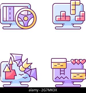 Simulatore di vita tipi di giochi RGB colore icone set Illustrazione Vettoriale