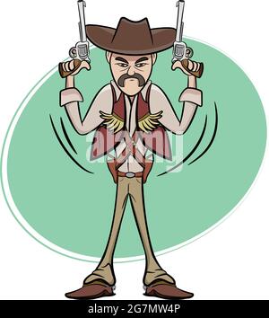 Un set di 3 cowboy di badass che tengono le pistole. Elementi grafici Wild West Texas Country. Elementi vettoriali Cowboy isolati su sfondo bianco. Illustrazione Vettoriale