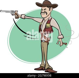 Un set di 3 cowboy di badass che tengono le pistole. Elementi grafici Wild West Texas Country. Elementi vettoriali Cowboy isolati su sfondo bianco. Illustrazione Vettoriale