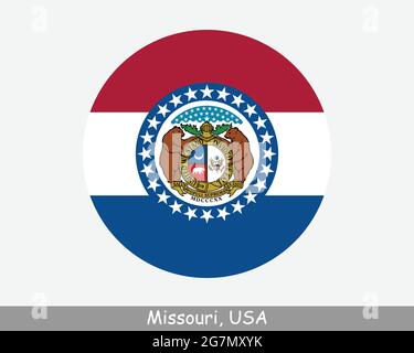 Bandiera circolare del Missouri. Icona banner pulsante circolare stato MO USA. Missouri Stati Uniti d'America bandiera di Stato. Show Me state, Cave state, Mother Illustrazione Vettoriale