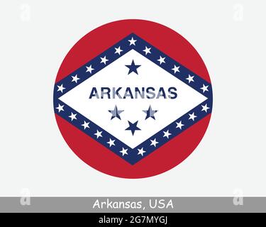 Bandiera dell'Arkansas Round Circle. Icona banner pulsante circolare stato AR USA. Bandiera di Stato degli Stati Uniti d'America dell'Arkansas. Vettore EPS Illustrazione Vettoriale