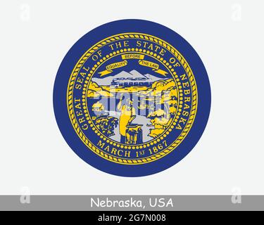 Bandiera del Nebraska Round Circle. Icona banner pulsante circolare Stato USA NE. Bandiera di Stato degli Stati Uniti del Nebraska. Vettore EPS dello stato di Cornhusker Illustrazione Vettoriale