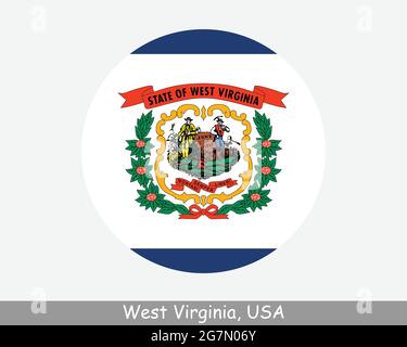 Bandiera circolare della Virginia Occidentale. Icona banner pulsante circolare stato USA WV. West Virginia Stati Uniti d'America state Flag Mountain state EPS Vector Illustrazione Vettoriale