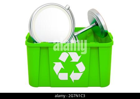 Riciclaggio in trashcan con LED illuminato specchio da tavolo con ingrandimento, rendering 3D isolato su sfondo bianco Foto Stock