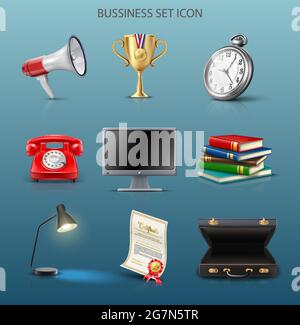 business set con icone vettoriali realistiche in 3d di grandi dimensioni. Illustrazione Vettoriale