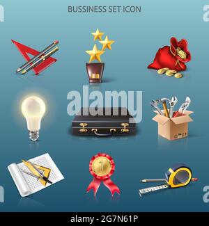 business set con icone vettoriali realistiche in 3d di grandi dimensioni. Illustrazione Vettoriale