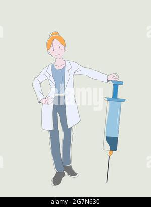 Il medico sta tenendo una siringa. Medico che dà la vaccinazione. Illustrazione vettoriale Doodle. Concetto di vaccinazione. Disegno a mano di una ragazza in stile cartoon. Illustrazione Vettoriale