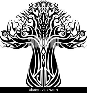 nero isolato albero di vita in vecchio stile popolare tribale celtico Illustrazione Vettoriale