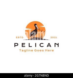 Vintage Pelican uccello con sfondo sole logo disegno vettoriale Illustrazione Vettoriale