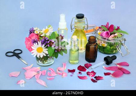 Infusione di fiori per la medicina naturale delle piante con fiori ed erbe estive, bottiglie d'olio essenziali e la flora immersa nell'olio. Foto Stock