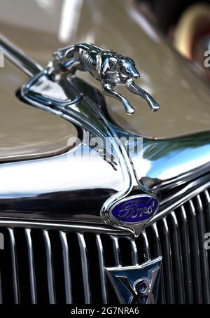 Un ornamento decorativo del cofano di levriero cromato sulla parte anteriore di una Ford Phaeton V8 1934 in esposizione ad una mostra di auto classica a Santa Fe, New Mexico. Foto Stock