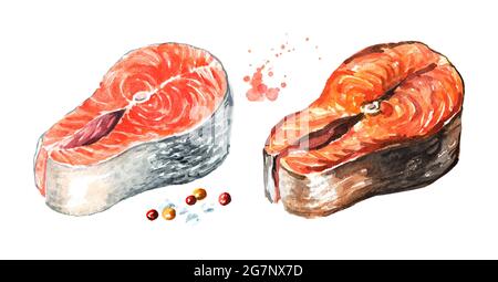 Filetto di salmone, crudo e grigliato. Immagine disegnata a mano con acquerello isolata su sfondo bianco Foto Stock