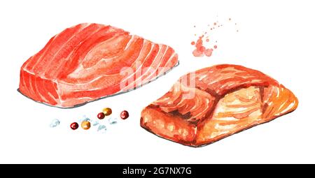 Filetto di salmone, crudo e grigliato. Immagine disegnata a mano con acquerello, isolata su sfondo bianco Foto Stock