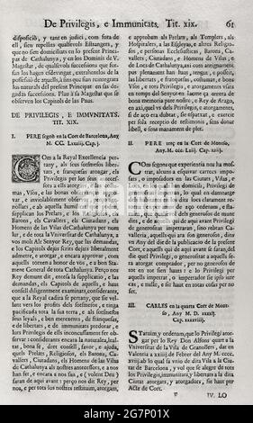 Constitutions y Altres Drets de Cathalunya, compilations en virtut del Capítol de Cort LXXXII, de las Corts per la S.C.Y.R. Majestat del rey Don Philip IV, nostre senyor celebradas en la ciutat de Barcelona qualsiasi MDCII. (Costituzioni e altri diritti della Catalogna, redatte in virtù del Capitolo LXXXII della Corte, delle corti presiedute da Filippo V e che si sono tenute nella città di Barcellona. 1702). Primo volume. Stampato nella Casa di Joan Pau Martí e Joseph Llopis Estampers, 1704. Primo libro. Su privilegi e immunità. Titolo XIX Pere II il Grande (1240-1285) nelle corti di Barcellona nel 125 Foto Stock