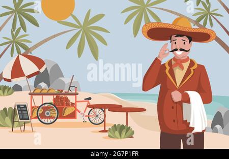 Illustrazione piatta del vettore alimentare messicano. Felice uomo in sombrero grande cappello messicano in piedi vicino al camion cibo di strada. Ristorante da asporto con tacos, burritos e peperoni caldi. Concetto di cucina estiva speziata. Illustrazione Vettoriale