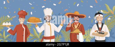 Chef in abiti nazionali vettoriale illustrazione piatta. Cucina cinese, indiana, messicana e giapponese. Uomini che tengono piatti con cibo tradizionale, gnocchi, pollo farcito, tacos, sushi, e rotoli. Illustrazione Vettoriale