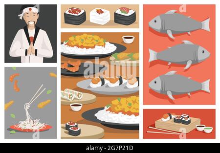 Gustoso cibo tradizionale giapponese vettore piatto illustrazione. Sushi fresco e panini con gamberi, salmone, caviale e riso, tagliatelle con frutti di mare, involtini primaverili con salsa di soia. Felice chef giapponese. Illustrazione Vettoriale