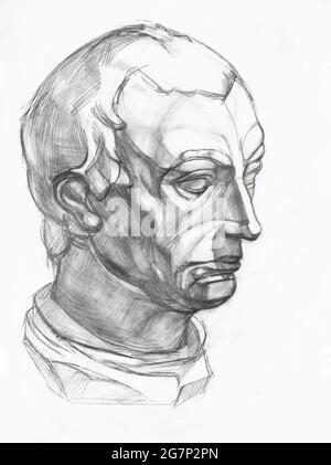Disegno accademico - studio del calco di gesso della testa di Gattamelata disegnato a mano da matita di grafite su carta bianca Foto Stock