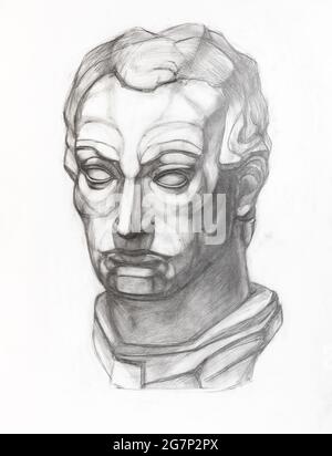 Disegno accademico - schizzo di calco di gesso della testa di Gattamelata disegnato a mano da matita di grafite su carta bianca Foto Stock