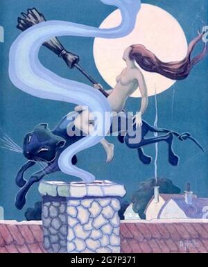 Copertina della rivista classica Shadowland Arts. Illustrazione di A. M. Hopfmuller. Il suo Halloween e con il bastone in mano una strega cavalca il suo gatto nero. Foto Stock