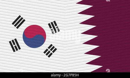 Qatar e Corea del Sud due Half Flags insieme Fabric Texture Illustration Foto Stock