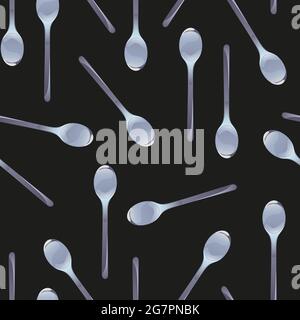 Spoons motivo senza giunture. Oggetti da cucina in argento in stile cartone animato. Design vettoriale per confezione regalo, arredamento ristorante stoviglie, invito, menu caffè Illustrazione Vettoriale