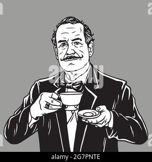 Uomo con baffi bere tè. Illustrazione retrospettiva Vintage Vector Illustrazione Vettoriale