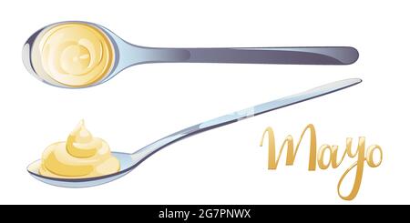 Maionese in cucchiaio metallico in catroon piatto. Porzione di salsa. Disegno vettoriale per la pubblicità di formaggi, latticini, alimenti sani. Illustrazione Vettoriale