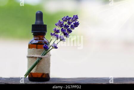 Colpo di closeup di un flacone contagocce di vetro marrone riempito con olio di lavanda messo fuori su un legno Foto Stock