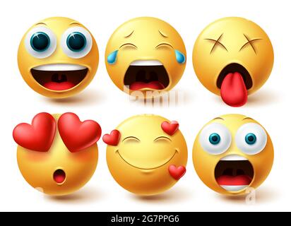 Emoji smileys nel set vettoriale del volto d'amore. Smileys emoticon Happy, innamorati e stupite espressioni facciali isolate in bianco per la grafica Illustrazione Vettoriale