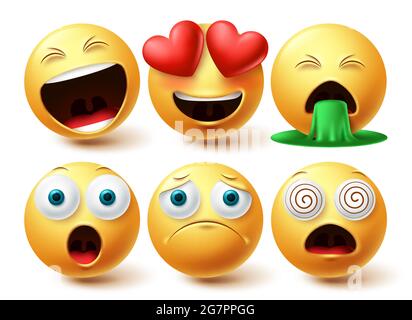 Emoji smiley volti insieme vettoriale. Smileys emojis collezione di icone gialle con espressione facciale in amore, felice e triste su sfondo bianco isolato. Illustrazione Vettoriale