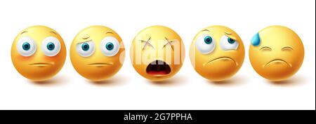 Set di vettori emoji smiley face. Smileys emoticon collezione di icone Sad, sconvolto e solitario isolata su sfondo bianco per elementi grafici. Vettore Illustrazione Vettoriale