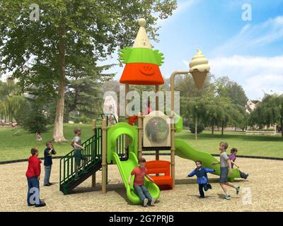 PARQUE DE JUEGOS PARA NIÑOS, PARCO GIOCHI PER BAMBINI – RENDER Foto Stock