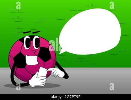 Pallone da calcio con un telefono cellulare. Palla da calcio tradizionale come un personaggio cartoon con volto. Illustrazione Vettoriale